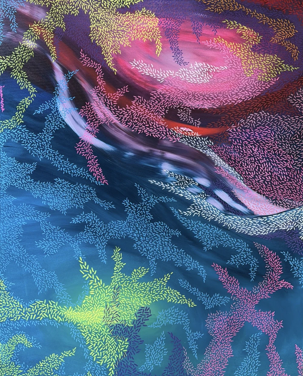 Neon Understory by Iremsu Hersek, an abstract acrylic painting in teal, magenta, violet and acid yellow with dense biomorphic mark-making.