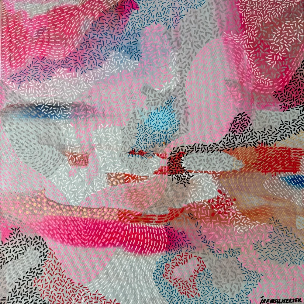 Thoughts in My Mind by Iremsu Hersek. Dense layers of short hand-painted marks move through pink, red, blue, grey, black and white, creating a textile-like rhythm across the surface. The composition reflects the overlap of memory, emotion and intuition, balancing movement and stillness.